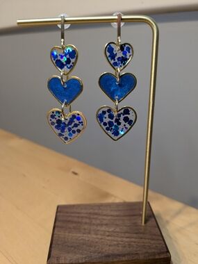 Blue Triple Heart Drop Earrings - Gold Trim